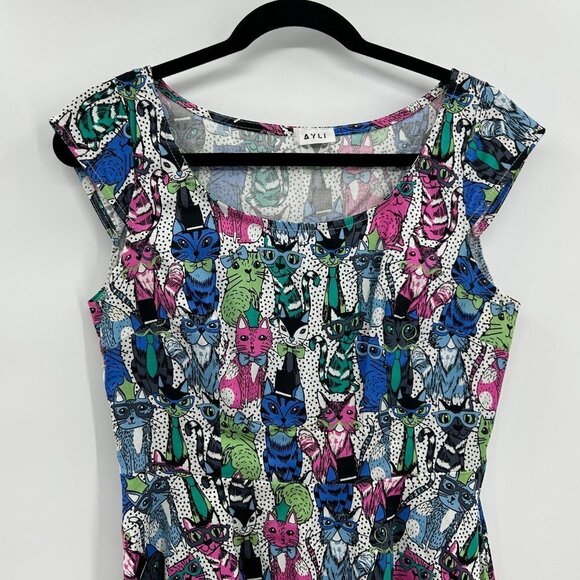AYLI Pink Blue Novelty Cat Print Cap Sleeve Lightweight Mini Dress Size Medium - Picture 3 of 6